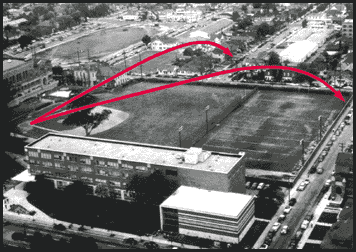 Red arrows show the paths of two historic Mickey Mantle home runs hit at Bovard Field, USC on March 26, 1951. The longer one was measured to have traveled 656 feet!