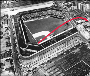 Diagram of Mickey Mantle tremendous 2-run home run at Ebbets Field against the Brooklyn Dodgers on Oct. 3, 1956