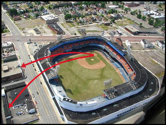 Diagram of two of Mickey Mantle's tape-measure homers in Detroit: the upper arrow shows his blast on 9-17-58 that hit the second story of a building across the street, the lower arrow shows his 643-foot home run hit into the Brooks Lumber Yard across Trumbull Avenue.