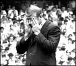 An emotional Mickey Mantle wipes tears from his eyes on Mickey Mantle Day at Yankee Stadium, June 8, 1969.