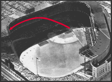 Diagram of home run hit by Mickey Mantle off Pedro Ramos on May 30, 1956.  It was one of five home runs Mickey Mantle hit that struck the facade at Yankee Stadium in New York.
